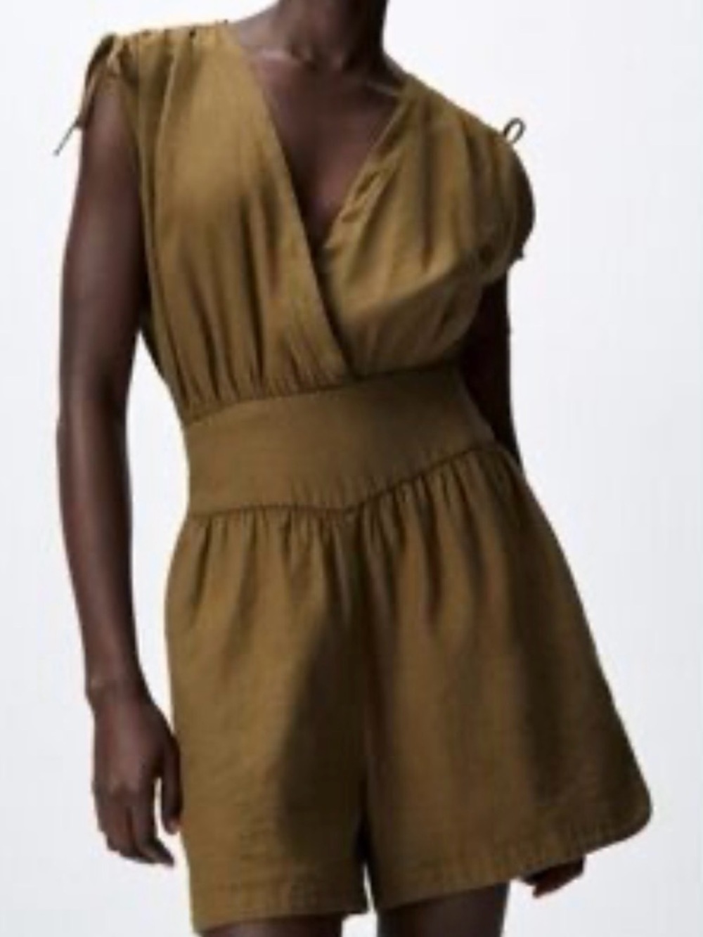 Zara Linen and Cotton Olive-Green Surplice Romper with Smocked Waist Size XS